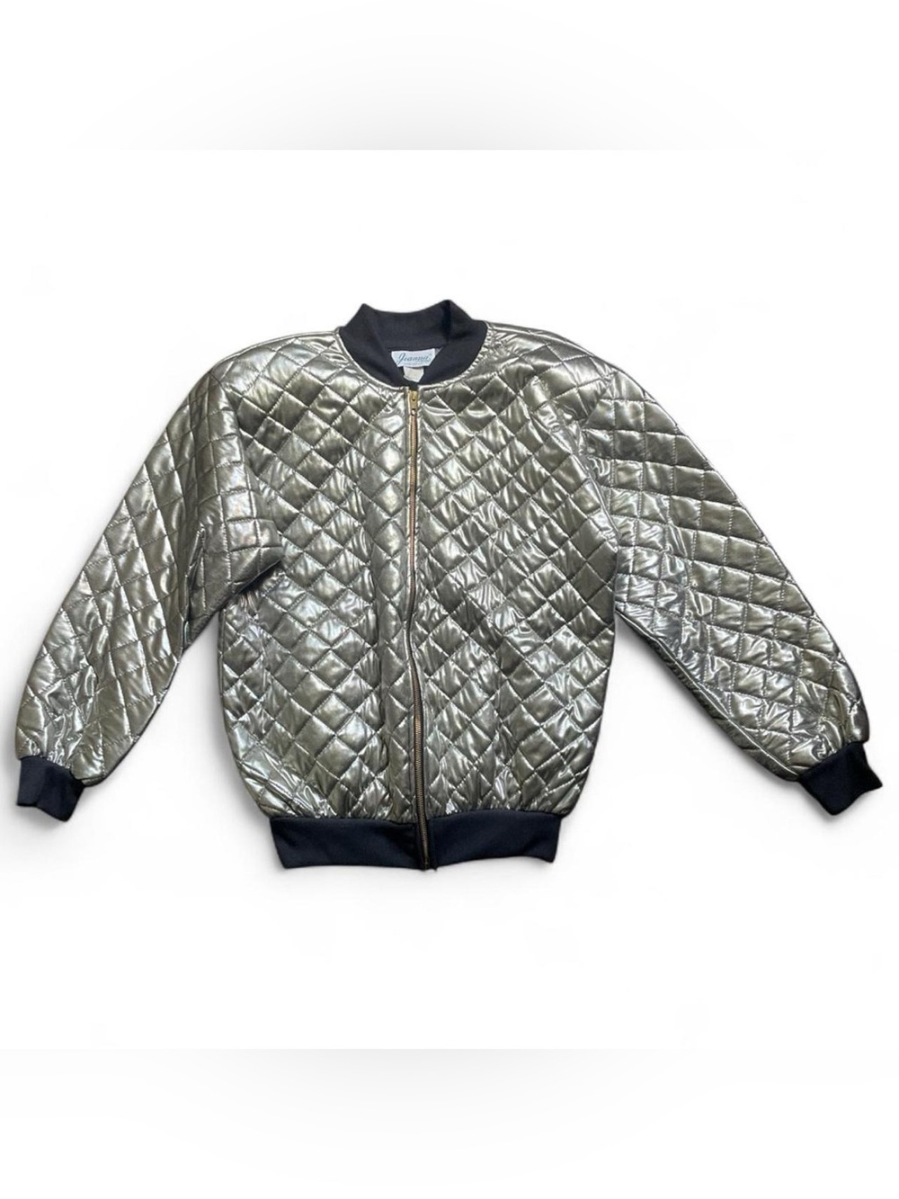 Vintage Joanne Women’s 80s Metallic Quilted Bomber Silver Jacket Talon Zipper